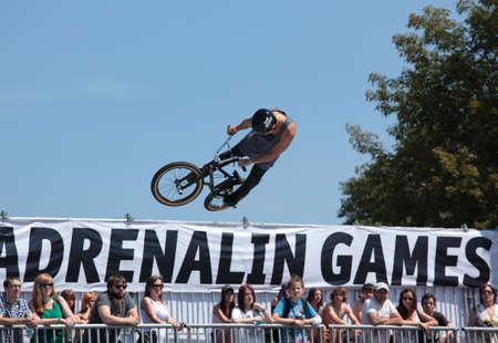 MOSCOW, RUSSIA - JULY 8  Alexander Nikulin, Russia, in BMX competitions during Adrenalin Games in Moscow, Russia at July 8, 2012のeditorial素材