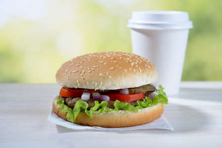 Hamburger on a paper napkinの写真素材