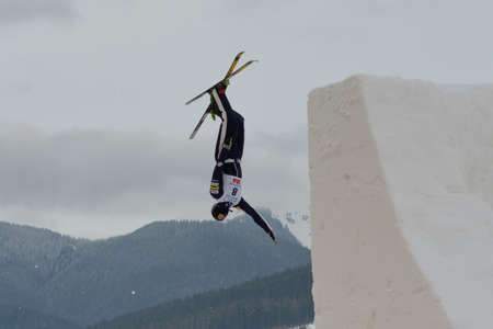 Bukovel, Ukraine - February 23, 2013: Dylan Ferguson, USA performs aerial skiing during Freestyle...