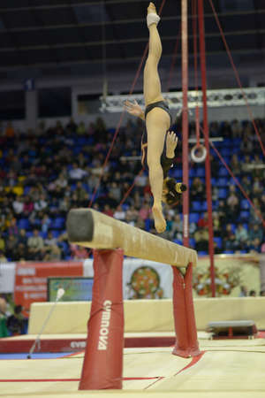 Kiev, Ukraine - March 31, 2013: Noda Sakura, Japan performs routine on balance beam during International Tournament in Artistic Gymnastics Stella Zakharova Cup in Kiev, Ukraine on March 31, 2013のeditorial素材