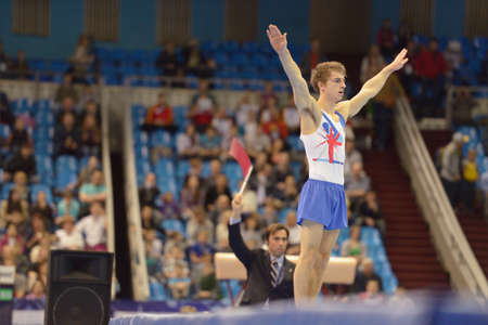 Moscow, Russia - April 20, 2013: Max Whitlock, Great Britain performs the floor exercise in the final of 5th European Championships in Artistic Gymnastics in Moscow, Russia on April 20, 2013のeditorial素材