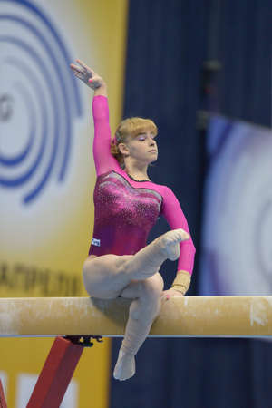 Moscow, Russia - April 21, 2013: Anastasia Grishina, Russia performs exercise on balance beam in final of 5th European Championships in Artistic Gymnastics in Moscow, Russia on April 21, 2013のeditorial素材