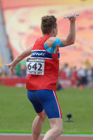 Donetsk, Ukraine - July 11, 2013: Karsten Warholm of Norway competes in javelin throw in Octathlon during 8th IAAF World Youth Championships in Donetsk, Ukraine on July 11, 2013のeditorial素材