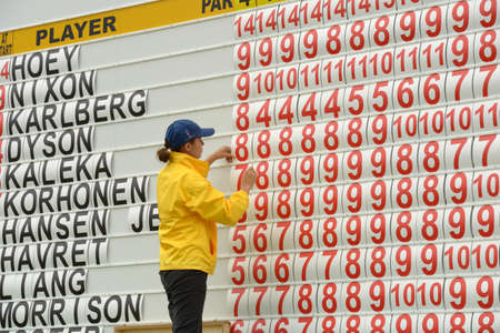 Moscow, Russia - July 28, 2013: Girl corrects the leaderboard during final round of the M2M Russian...