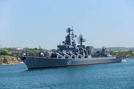 Sevastopol, Ukraine - May 7, 2013  Russian cruiser Moskva anchored in the bay of Sevastopol, Crimea, Ukraine on May 7, 2013  Ship prepares to the naval parade in honor of 230th anniversary of Black Sea Navyのeditorial素材