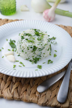 Basmati rice with parsley and sweet onionの写真素材
