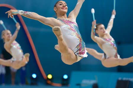 KIEV, UKRAINE - AUGUST 31: Team France performs the routing with clubs during the 32nd Rhythmic Gymnastics World Championships in Kiev, Ukraine on August 31, 2013のeditorial素材