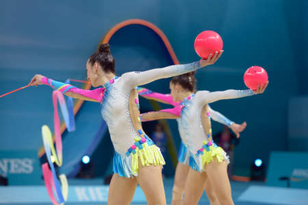 KIEV, UKRAINE - AUGUST 31: Team Greece performs the routing with balls and ribbons during the 32nd Rhythmic Gymnastics World Championships in Kiev, Ukraine on August 31, 2013のeditorial素材