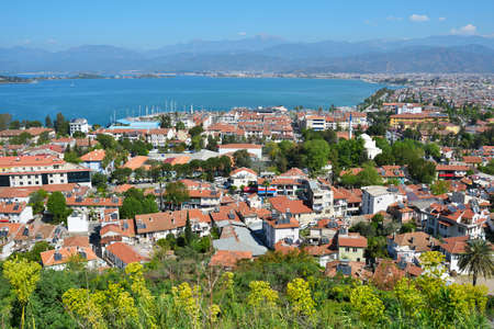 Fethiye, Turkey - April 1, 2014  View to the bay from the castle  Dozens boat tours to 12 islands of the bay offered to the tourists every day in summer のeditorial素材