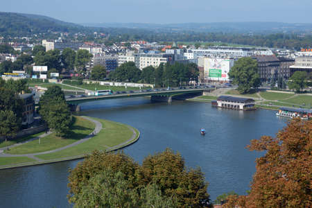 Krakow, Poland - September 15, 2013  Aerial view to Vistula river from Sandomierska Tower of Wawel  Vistula is the longest and largest river in Poland, at 1,047 kilometres in lengthのeditorial素材