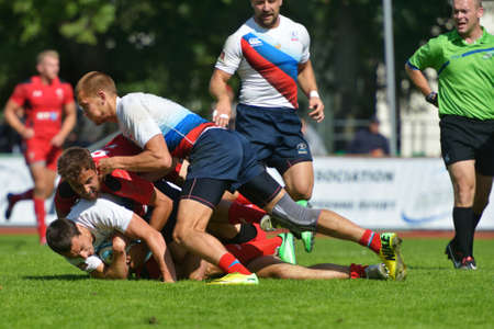 Moscow, Russia - June 29, 2014  Match for place 5 between Russia and Wales  red uniforms  during the FIRA-AER European Grand Prix Series  Wales won 24-12のeditorial素材