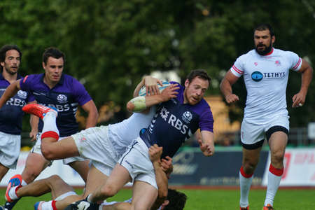 Moscow, Russia - June 29, 2014  Match for place 3 between Georgia and Scotland  blue uniforms  during the FIRA-AER European Grand Prix Series  Scotland won 38-12のeditorial素材