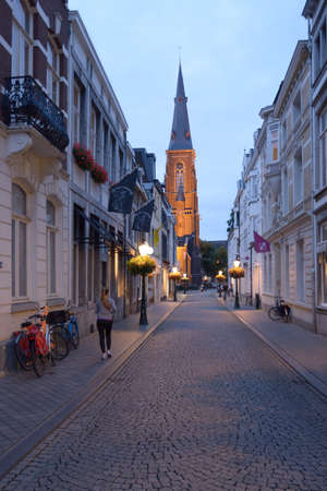 Maastricht, Netherlands - September 7, 2013  Rechtstraat and the spire of St  Maartenskerk church  Built in 1858 by Pierre Cuypers, this neo-gothic church is one of landmarks of Wijk district of Maastrichtのeditorial素材