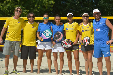 Moscow, Russia - July 20, 2014  Teams Italy  blue shirts  and Brazil before the final match during ITF Beach Tennis World Team Championship  Italy won 2-0のeditorial素材