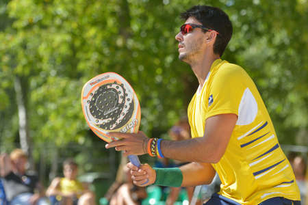 Moscow, Russia - July 20, 2014  Marcus Ferreira of Brazil in the final match against Italy during ITF Beach Tennis World Team Championship  Italy won 2-0のeditorial素材