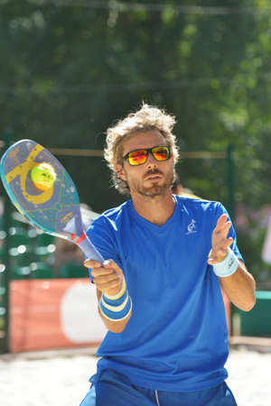 Moscow, Russia - July 20, 2014  Alessandro Calbucci of Italy in the final match against Brazil during ITF Beach Tennis World Team Championship  Italy won 2-0のeditorial素材
