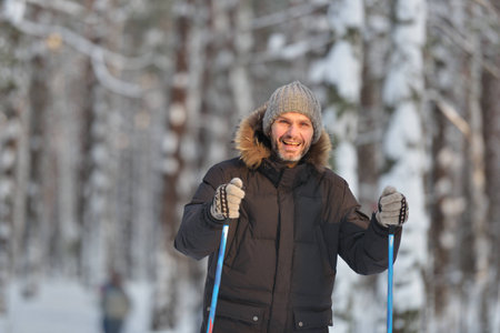 Mature man cross-country skiingの写真素材