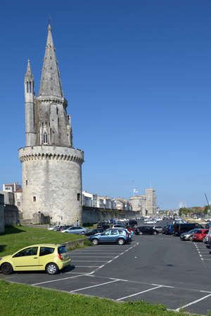 La Rochelle, France - June 24, 2013: Car parking under the Lantern Tower. Used as prison in XVII-XIX centuries, now the tower present the graffiti of prisonersのeditorial素材