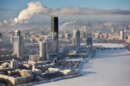 Aerial view to the central part of Yekaterinburg, Russia in a winter dayの写真素材
