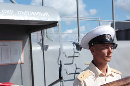 Sevastopol, Crimea, Ukraine - August 17, 2012: Midshipman on the deck of Russian frigate \"Pytlivy\". Built in Kaliningrad in 1981, the frigate included in the Black Sea Fleet since 1982のeditorial素材