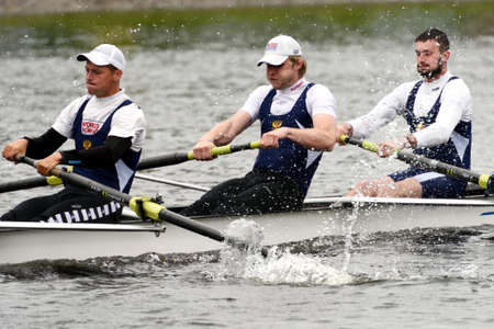 St. Petersburg, Russia - June 12, 2015: Sweep rowing competition on fours boats during the Golden Blades Regatta. It is is one of the best known regatta in Russiaのeditorial素材