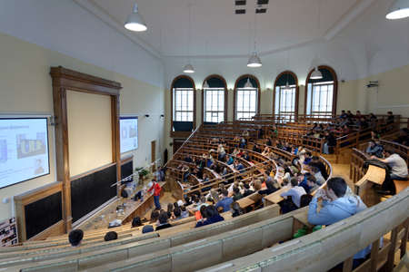 St. Petersburg, Russia - September 19, 2015: People watching physical show Electricity And Magnetism in the Large Physical Auditorium of Peter the Great Saint-Petersburg Polytechnic University during PolyFest. It's the Europe largest university festival oのeditorial素材