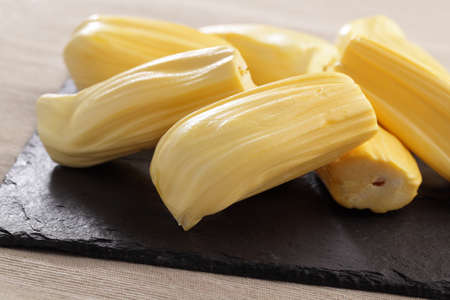 Jackfruit flesh on a kitchen table
