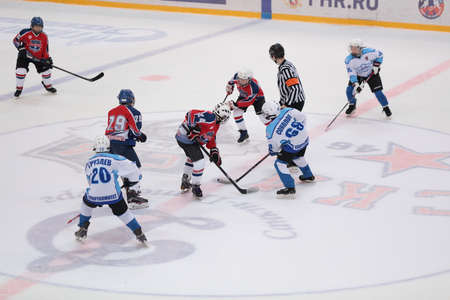 St. Petersburg, Russia - March 25, 2016: Ice hockey match Bobrov vs Piter during the tournament among children's teams League of the Future. Piter won the match 4:2のeditorial素材