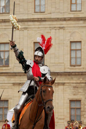Gatchina, St. Petersburg, Russia - September 10, 2016: Actor in image of Emperor Nicholas I with wreath on his sword during the festival Gatchinskaya Byl. The festival is held first time this yearのeditorial素材