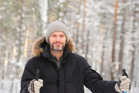 Mature man cross-country skiingの写真素材