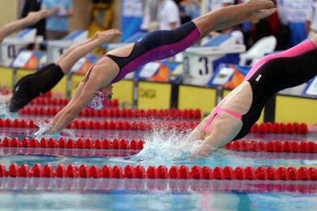 St. Petersburg, Russia - December 17, 2016: Start of women 200 m breaststroke swimming competition during X Vladimir Salnikov Cup. Athletes from 6 countries participated in the competitionsのeditorial素材