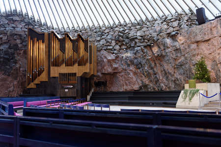 Helsinki, Finland - November 26, 2016: Interior of Temppeliaukio Church also known as Church of the Rock. This Lutheran church was designed by brothers Timo and Tuomo Suomalainen and opened in 1969のeditorial素材