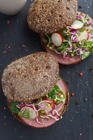 Sandwiches with boar ham, radish, sprouts, and rye breadの写真素材