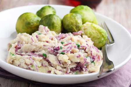 Traditional Dutch dish Stamppot with mashed potato, red cabbage, green onion and Brussels sproutの写真素材