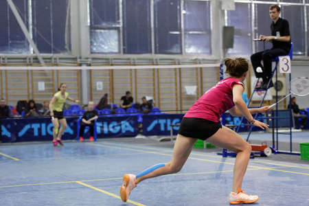 St. Petersburg, Russia - July 7, 2017: Yaelle Hoyaux of France (right) vs Beatriz Corrales of Spain in 3rd day of badminton tournament White Nights. Corrales won 2:0のeditorial素材