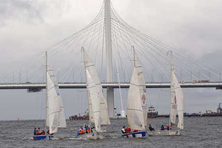 St. Petersburg, Russia - June 27, 2017: Athletes compete in the final of Saint Petersburg University Open Cup. It's the only students' sailing regatta in the cityのeditorial素材