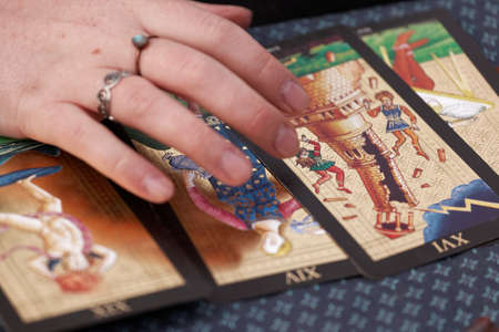 St. Petersburg, Russia - July 8, 2017: Divination using Tarot cards during the military history project Battle On Neva at St. Peter and Paul fortress. It's the 4th such an eventのeditorial素材
