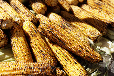 Grilled corn cobs on a market stall