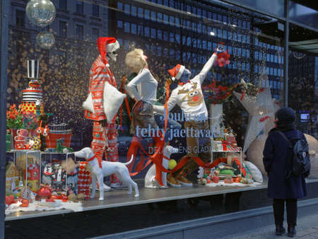 Helsinki, Finland - December 9, 2017: Christmas show window of Stockmann department store. This store is the largest department store in the Nordic countriesのeditorial素材