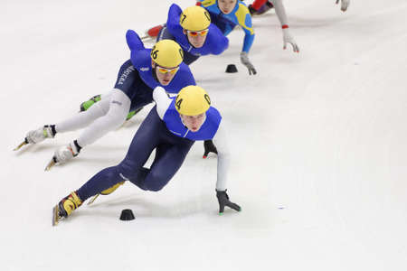 St. Petersburg, Russia - February 16, 2018: Athletes compete in short track speed skating during Pavlovsky Cup. Athletes from 6 countries participated in the competitionsのeditorial素材