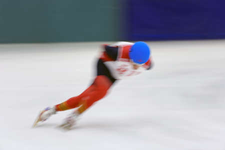 St. Petersburg, Russia - February 16, 2018: Athletes compete in short track speed skating during Pavlovsky Cup. Athletes from 6 countries participated in the competitionsのeditorial素材