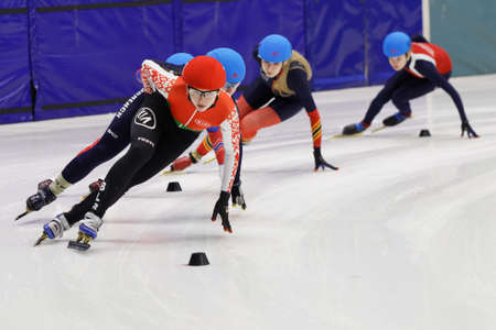 St. Petersburg, Russia - February 18, 2018: Female athletes compete in short track speed skating during Pavlovsky Cup. Athletes from 6 countries participated in the competitionsのeditorial素材