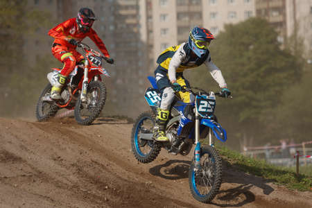 St. Petersburg, Russia - September 2, 2018: Athletes compete in third stage of Russian Supercross Championship. This stage is held on the motor racing track of DOSAAF in Saint Petersburgのeditorial素材