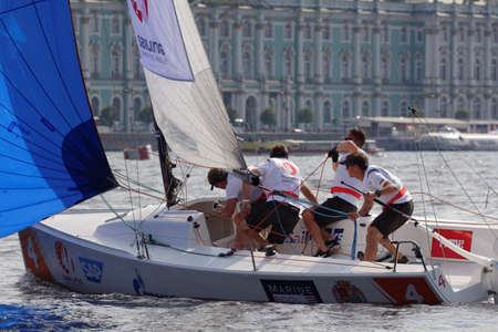 St. Petersburg, Russia - August 3, 2018: Team Yacht Club Sopot from Poland compete in Semifinal 2 of...
