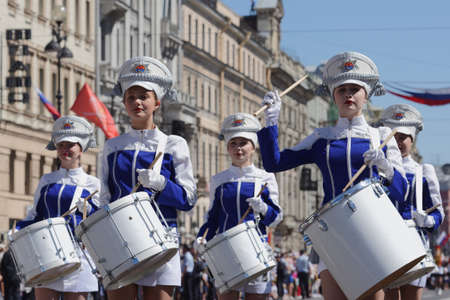 St. Petersburg, Russia - May 27, 2018: Drummers group on Nevsky avenue during Drummers parade. The...