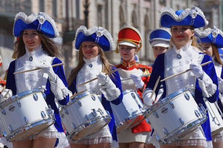 St. Petersburg, Russia - May 27, 2018: Drummers group on Nevsky avenue during Drummers parade. The parade is a part of City Day celebrations which is timed to the day of foundation of Saint Petersburgのeditorial素材