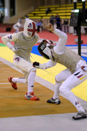 St. Petersburg, Russia - May 4, 2018: Peter Joppich, Germany vs Dominic De Almeida, Great Britain in first competition day of Fencing World Cup Saint-Petersburg Foil. This annual tournament is hold in 44th timeのeditorial素材