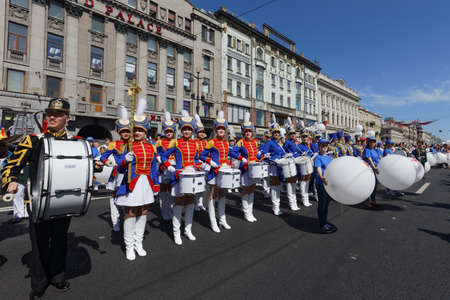 St. Petersburg, Russia - May 27, 2018: Drummers group on Nevsky avenue during Drummers parade. The...
