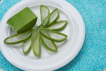 Sliced Aloe vera leaf on a plateの写真素材