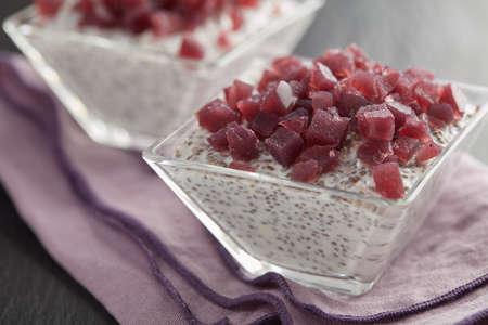 Chia seeds with yogurt and blueberry agar jelly dessertの写真素材